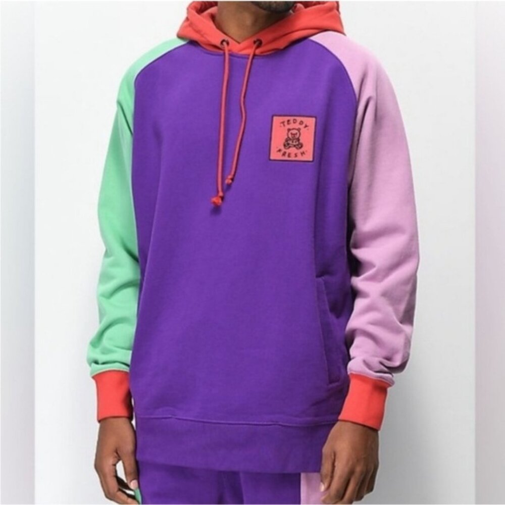 Teddy Fresh Purple and Green Color-Block Hoodie Sweatshirt